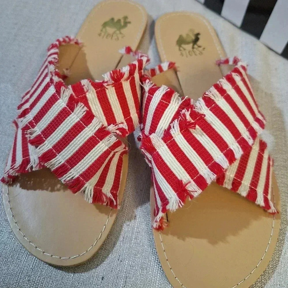 Camel Threads TOES Crossover Open Toe Flipflop Sandals Stripe White Red Fringe - Picture 5 of 9
